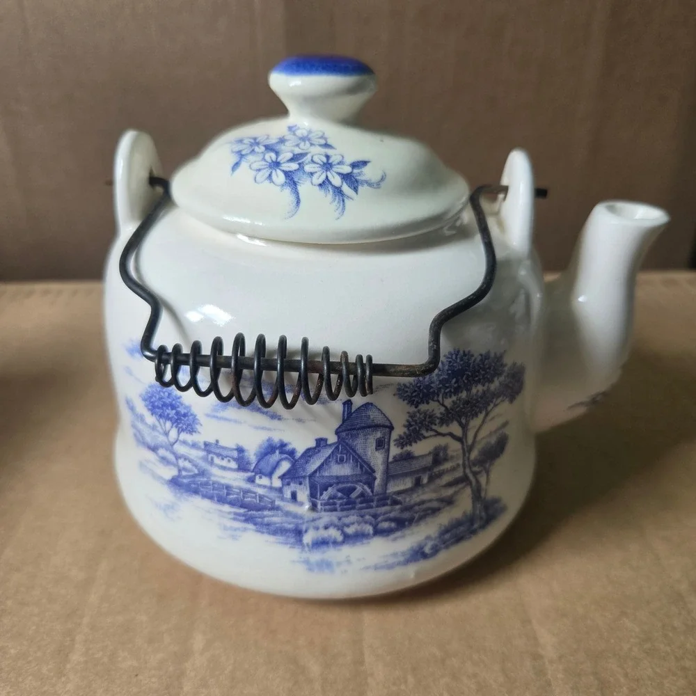 Vintage Blue White Ceramic Teapot Country Scene Windmill Wire Handle Japan Read!